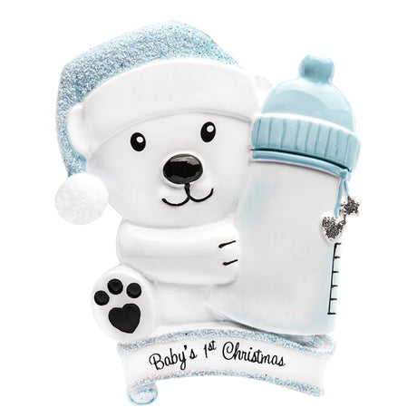 Sample baby boy with bottle ornament shown without personalization.