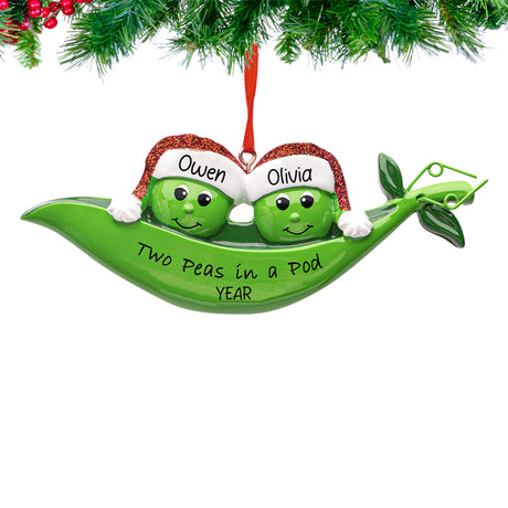 Personalized peapod ornament featuring two peas with names 