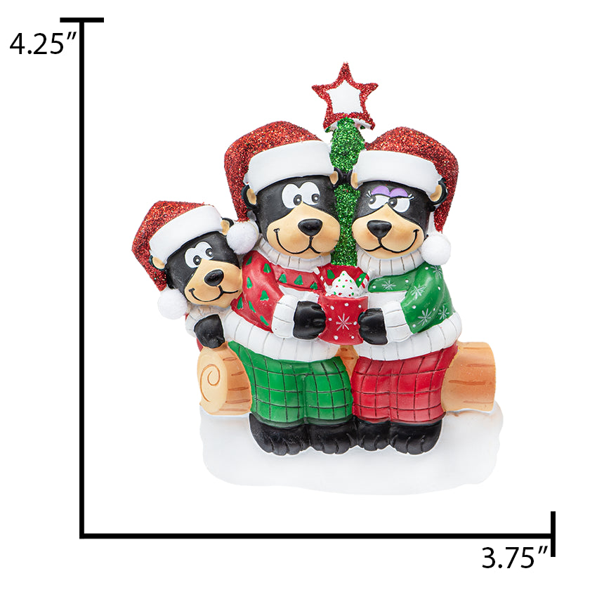 Personalized Black Bear Family of 3 Christmas Ornament
