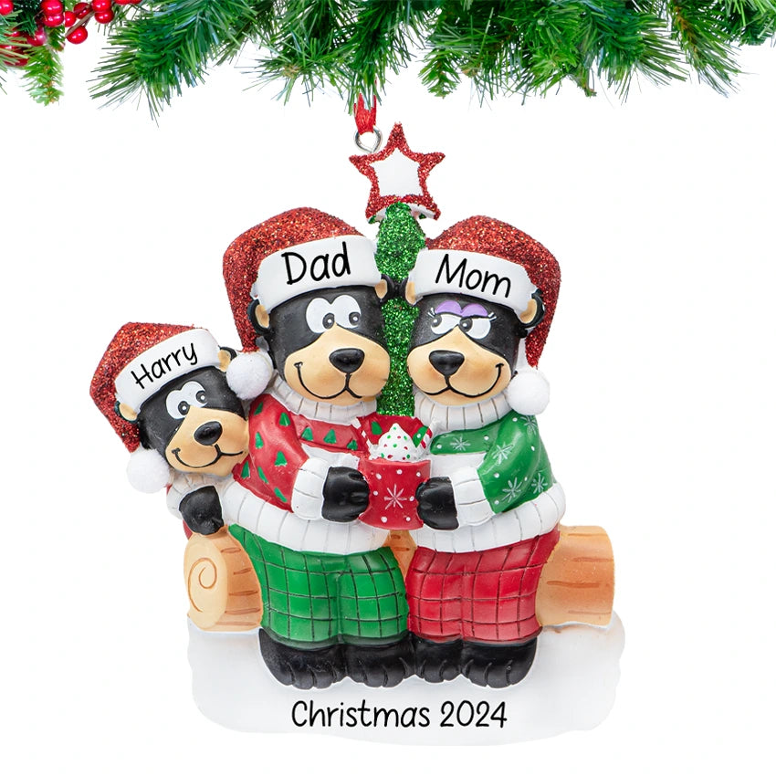 Personalized Black Bear Family of 3 Christmas Ornament