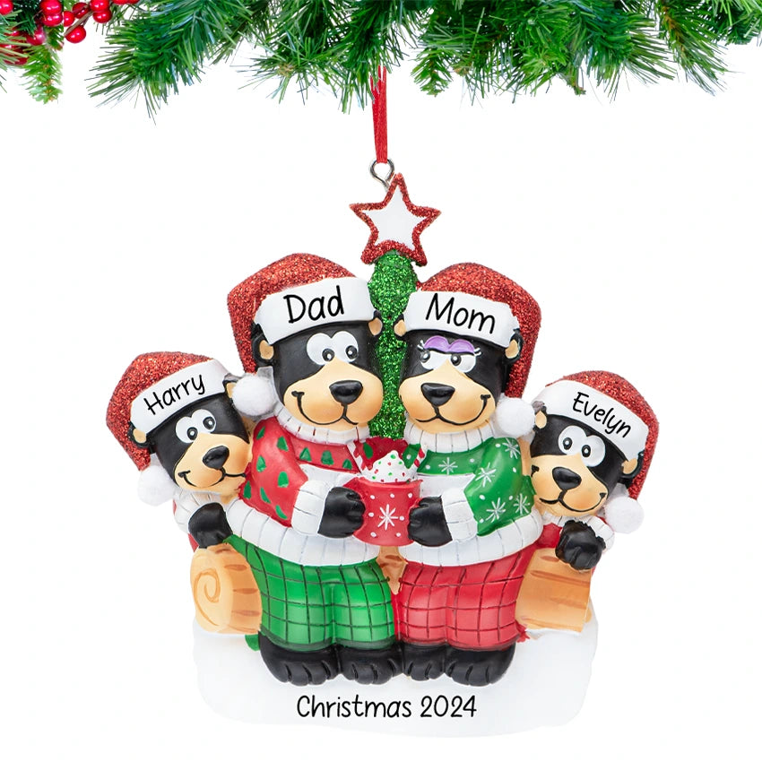 Personalized Black Bear Family of 4 Christmas Ornament