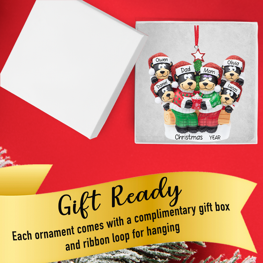 Personalized Black Bear Family of 6 Christmas Ornament