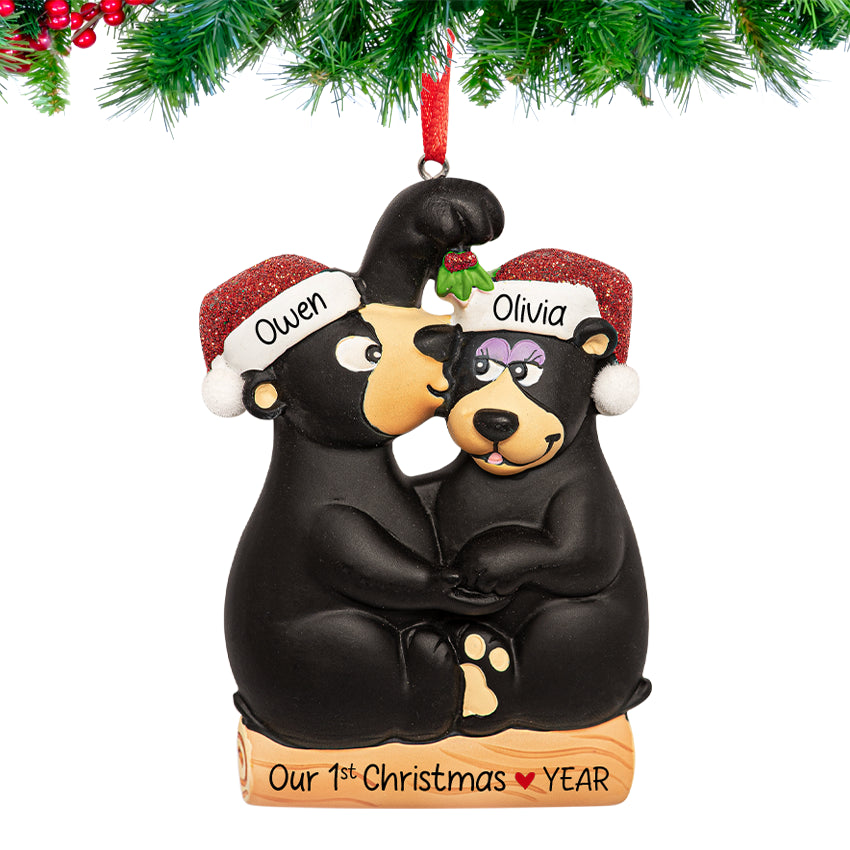 Personalized Kissing Under the Mistletoe Black Bear Couple Christmas Ornament