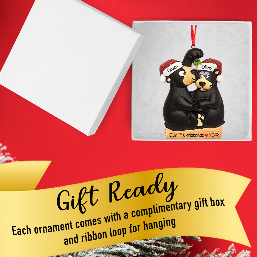 Personalized Kissing Under the Mistletoe Black Bear Couple Christmas Ornament