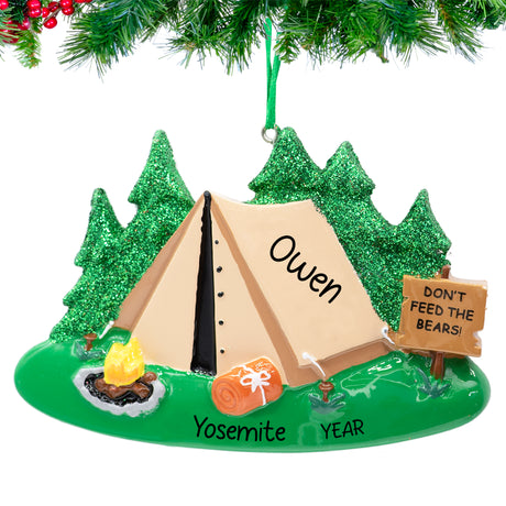 Personalized camping Christmas ornament, a charming keepsake to celebrate outdoor adventures.