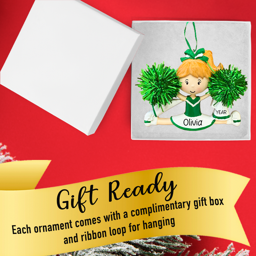 Personalized Christmas Cheerleader Ornament - Green 2025 in a gift box