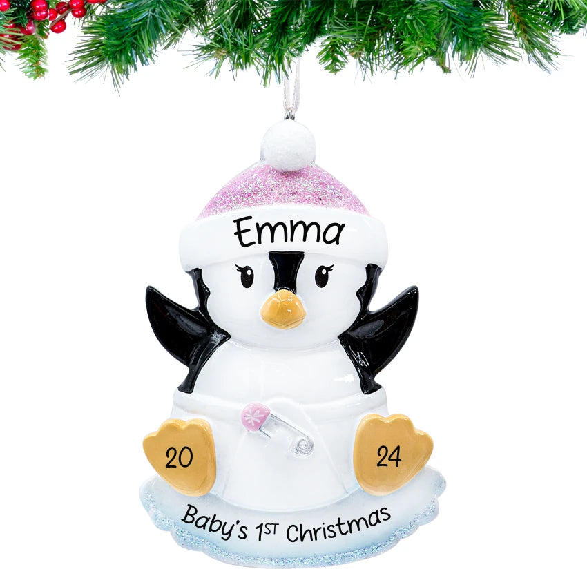Personalized Baby Girl Penguin Ornament - Baby's First Christmas Gift