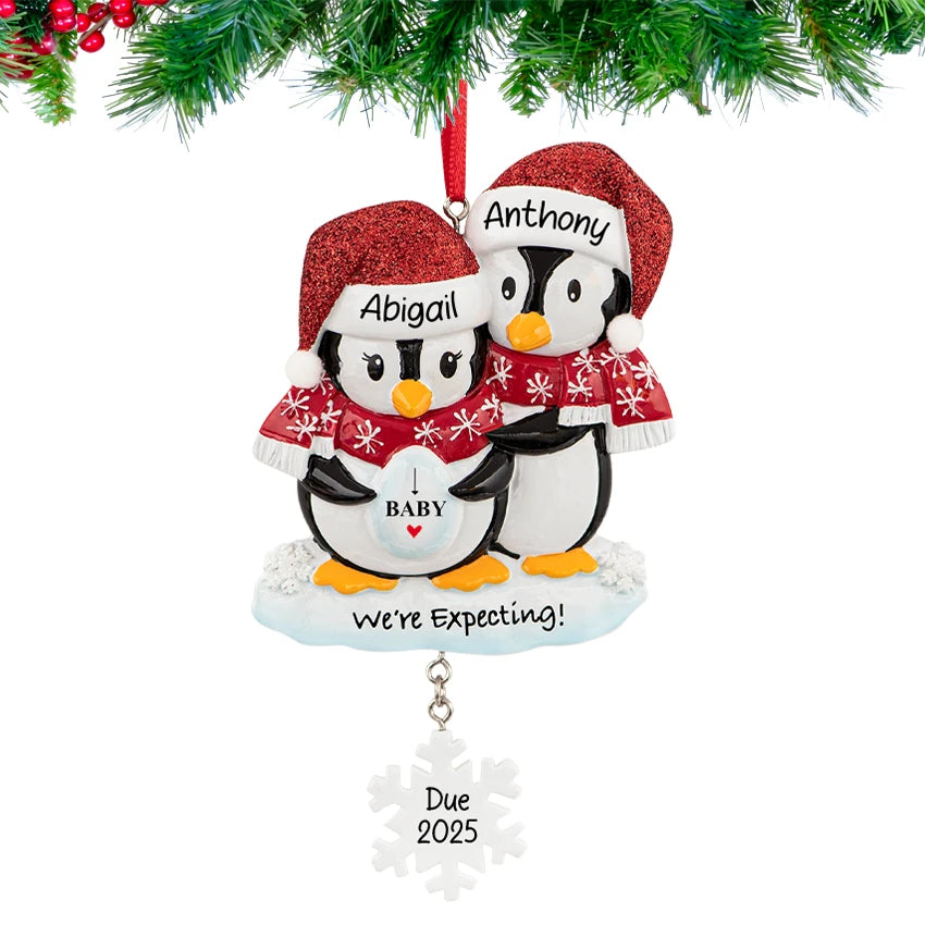 Personalized Pregnant Christmas Ornament - Expecting Penguins Ornament
