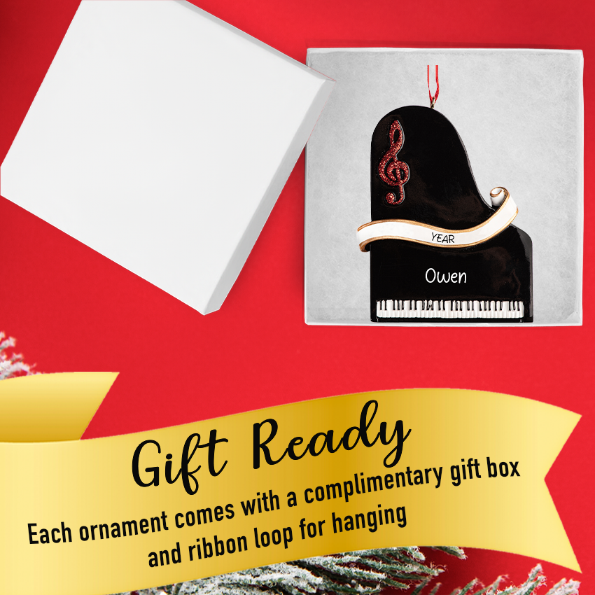 Unique custom piano Christmas ornament, ideal for music lovers. Personalize it to add a special touch to your holiday decorations!