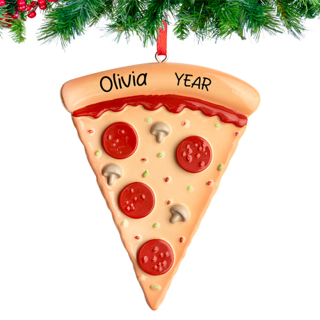 Personalized pizza slice Christmas ornament, a fun keepsake for pizza enthusiasts.