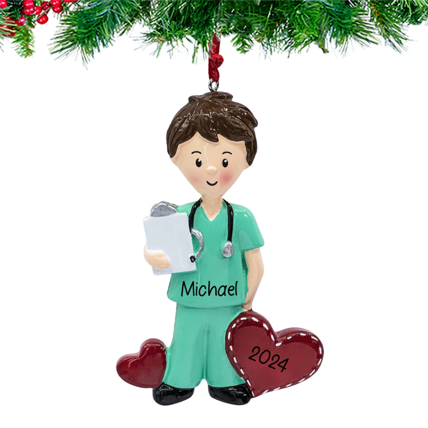 Personalized Male in Scrubs Christmas Ornament - Doctor Nurse Boy in Medical Uniform