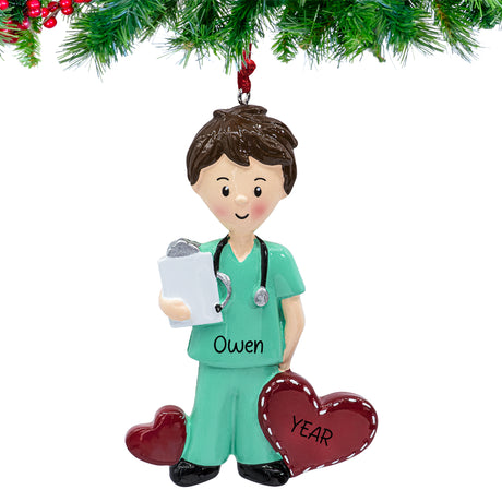 Hand‑lettered name and year on Personalized Male Nurse in Scrubs Christmas Ornament