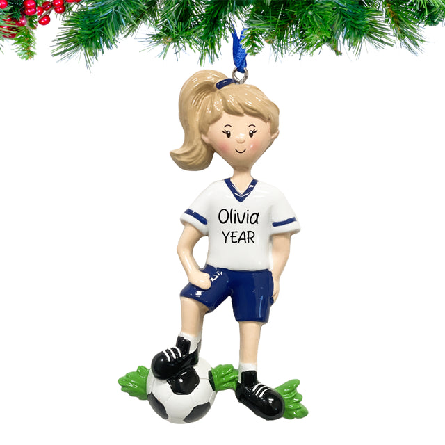Soccer player ornament with 'Olivia' and 'YEAR' on a white background
