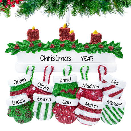 Personalized Mitten Family of 10 Ornament with custom names & year