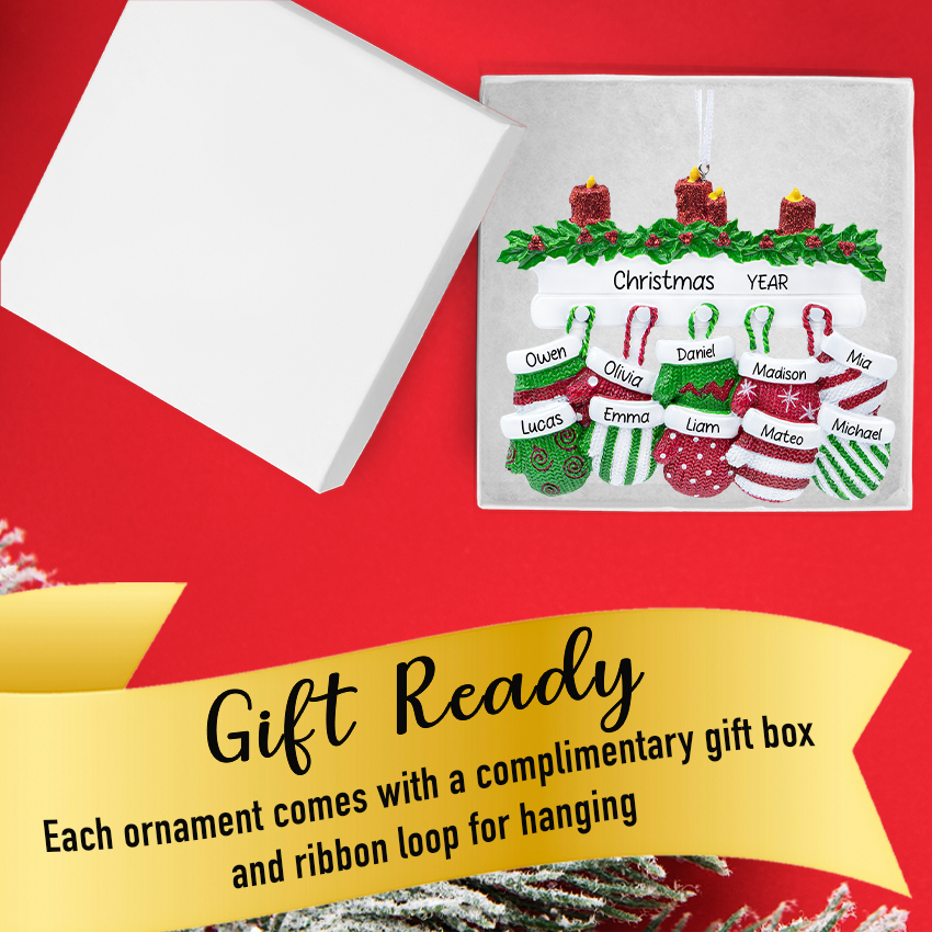 Personalized Mitten Family of 10 Ornament nestled in a satin‑lined gift box ready to gift