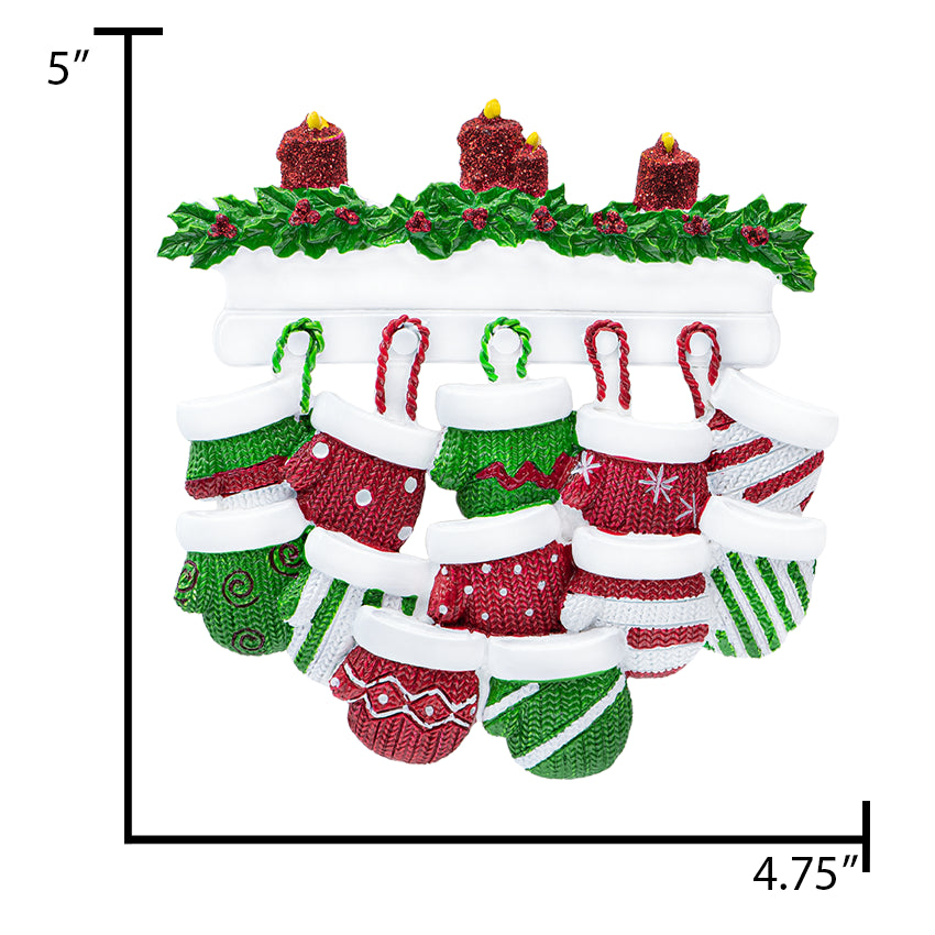 Personalized Mitten Family of 12 Christmas Ornament