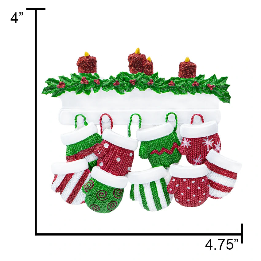 Personalized Mitten Family of 9 Christmas Ornament