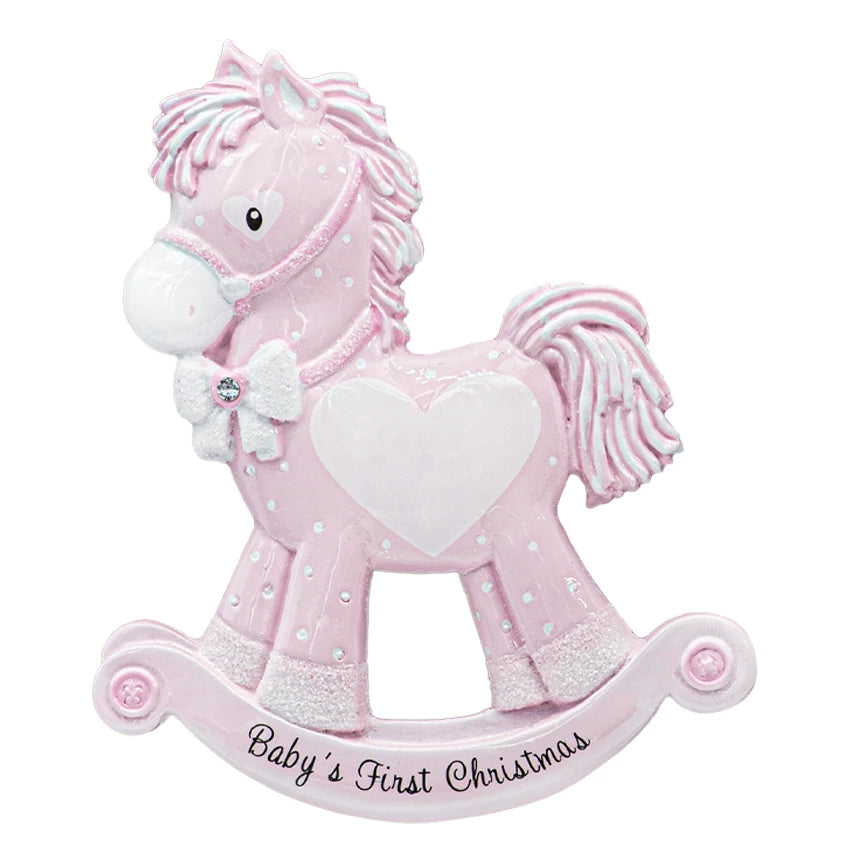 Baby's first Christmas girl rocking horse decor, a sweet ornament to celebrate her first Christmas.