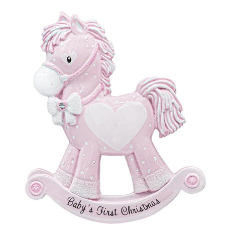Baby's first Christmas girl rocking horse decor, a sweet ornament to celebrate her first Christmas.