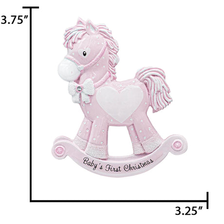 Custom rocking horse baby girl first Christmas ornament, perfect for marking her first celebration.