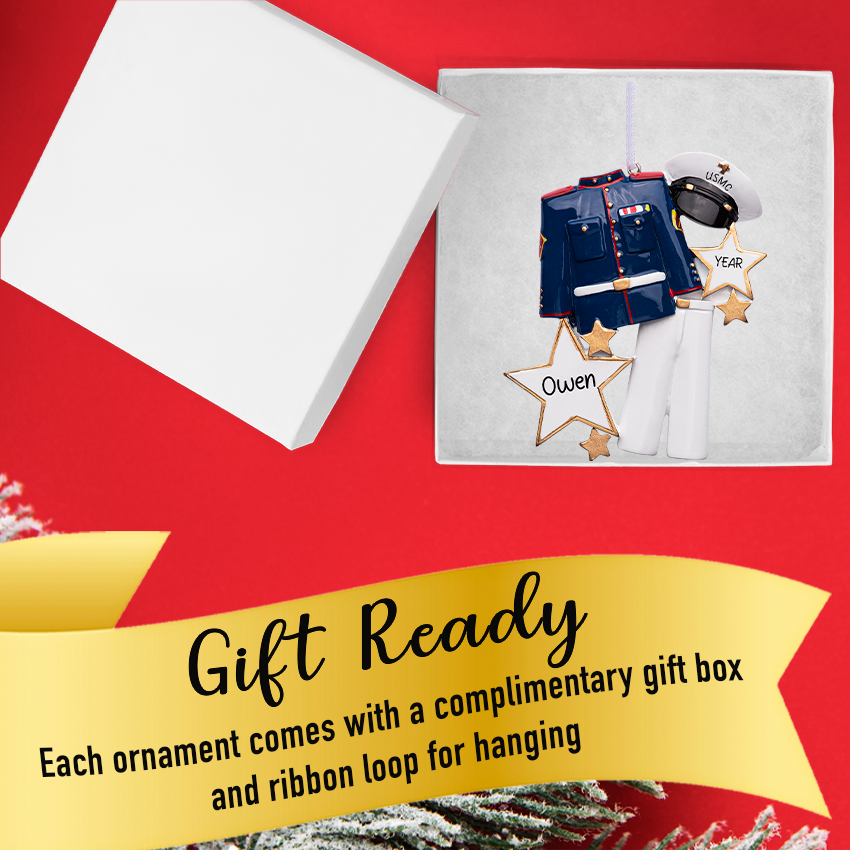 Gift‑boxed personalized Marine uniform ornament ready for holiday wrapping