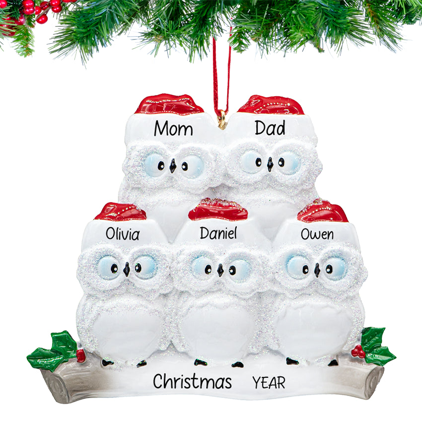 Personalized Wise Owl Family of 5 Christmas Ornament 2025