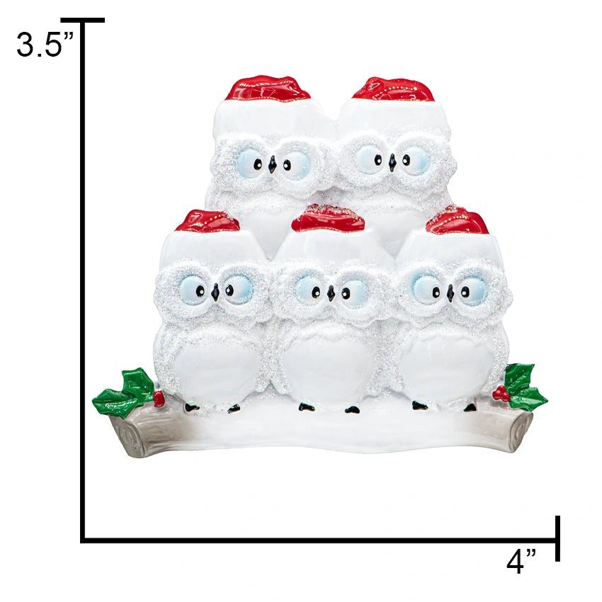 Personalized Wise Owl Family of 5 Christmas Tree Ornament