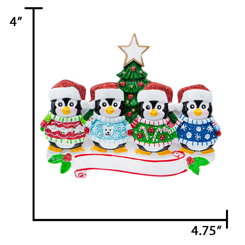 Personalized Ugly Sweater Penguin Family of 4 Christmas Ornament