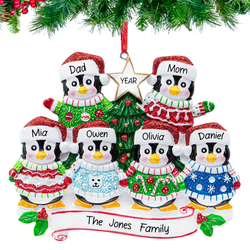 Personalized Ugly Sweater Penguin Family of 6 Christmas Ornament