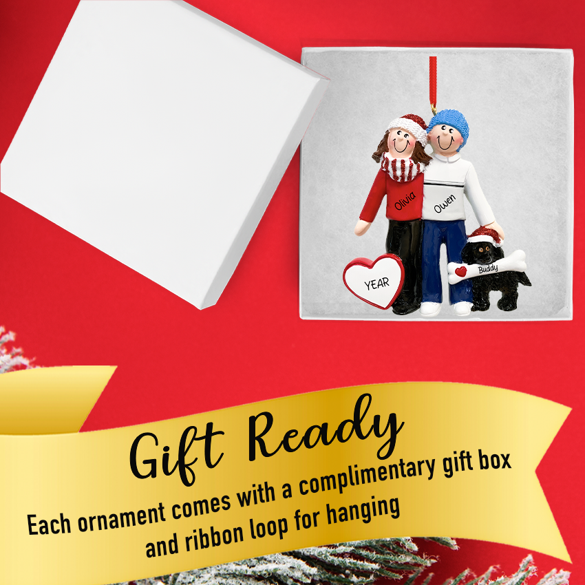 Personalized Couple with Black Dog Christmas Ornament