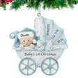 Personalized Christmas ornaments featuring a baby boy carriage, a unique keepsake for his Christmas.