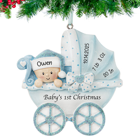 Personalized Christmas ornaments featuring a baby boy carriage, a unique keepsake for his Christmas.