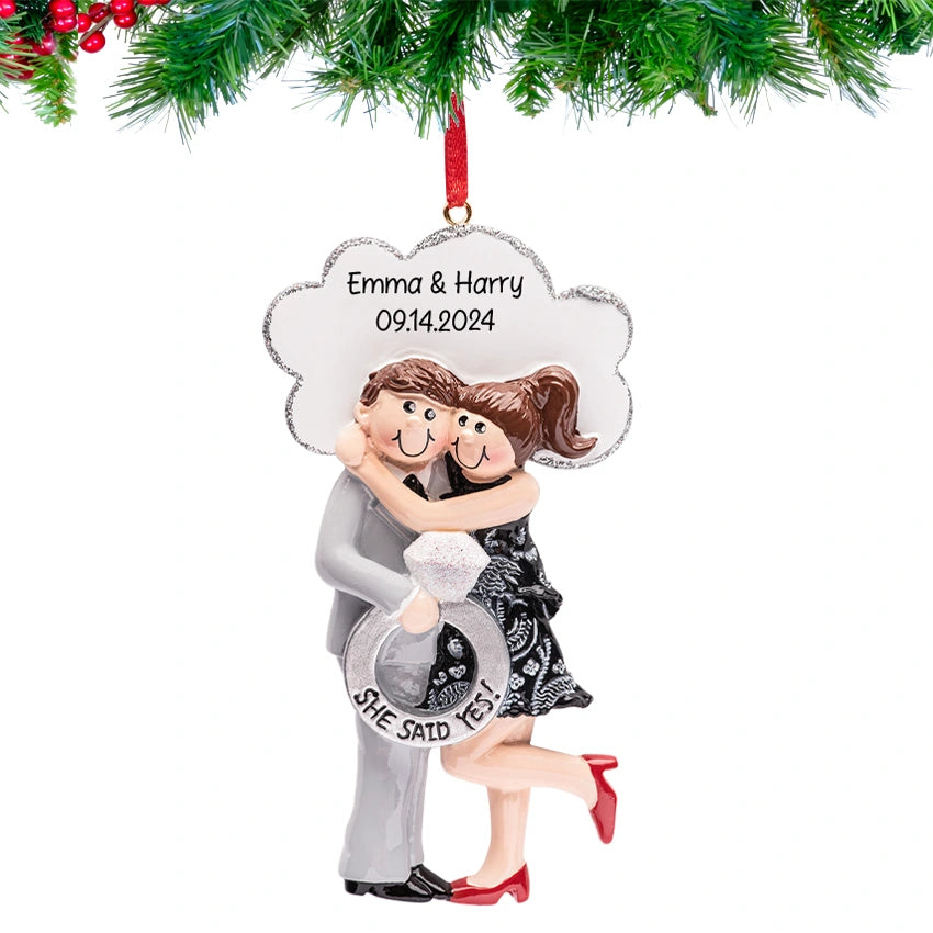 Personalized Our First Christmas Engaged Ornament - Newly Engaged Couple with She Said Yes Ring