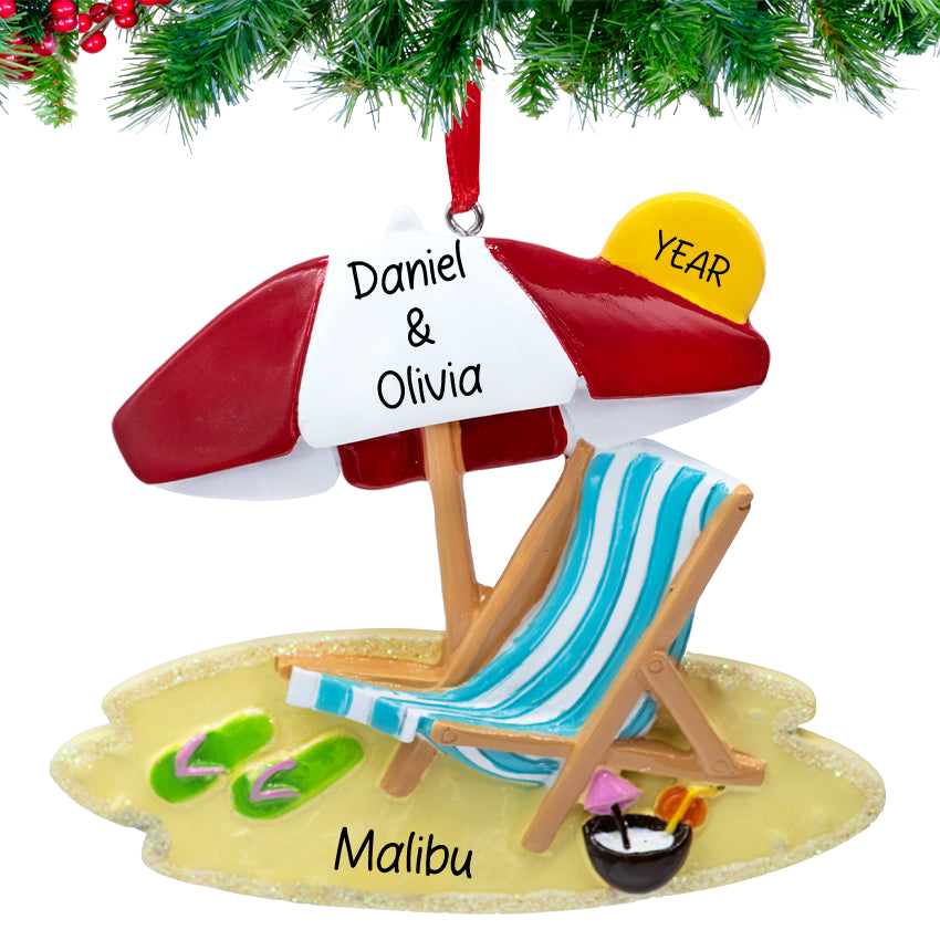 Custom beach sunbathing Christmas ornament, a fun keepsake for those who love sunny holidays.