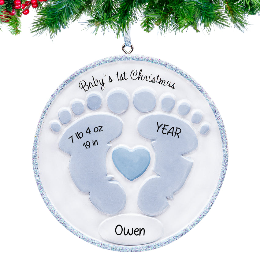 Personalized Baby's First Christmas Ornament Boy - Footprint with Birth Stats & Name
