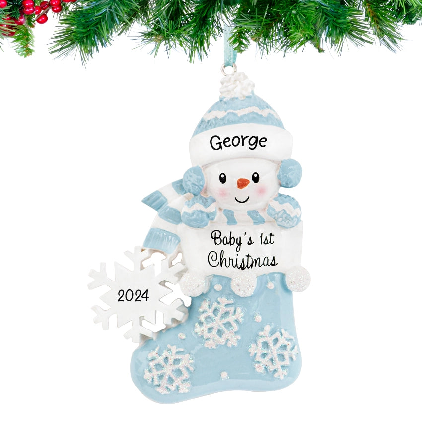 Personalized My Baby's First Christmas Ornament Boy - Stocking Snowbaby Ornament