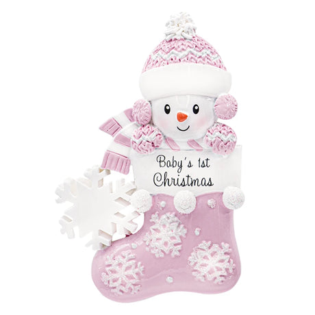 Stocking snowbaby ornament for baby girl's first Christmas, a cute and memorable holiday keepsake.