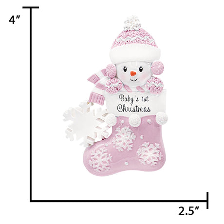 Baby's first Christmas ornament featuring a stocking snowbaby, a lovely keepsake in their memory.