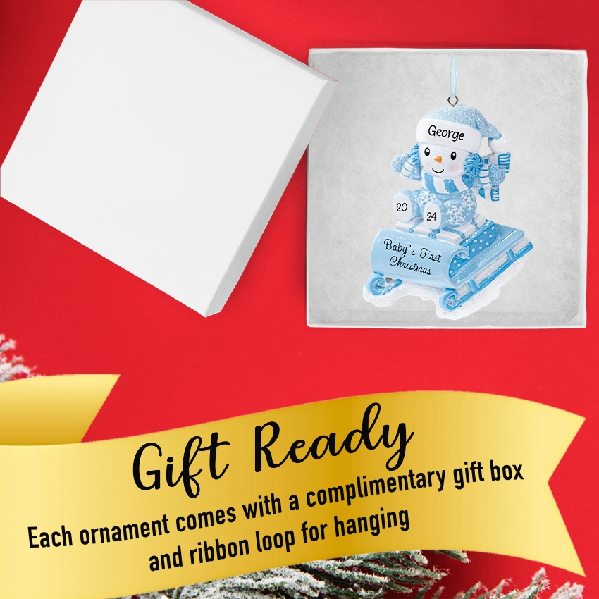 Personalized Baby's First Christmas Ornament Boy - Snowbaby on Sled