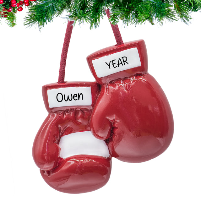 Custom boxing ornament for Christmas, designed with detailed gloves and personalized with a name or message. A unique holiday gift for boxing enthusiasts.