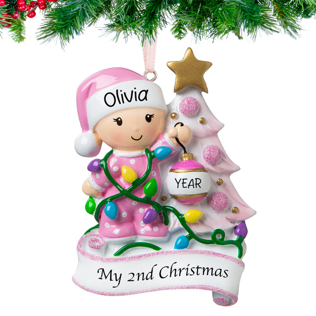 Custom baby's second Christmas ornaments girl, a lovely keepsake for her holiday.