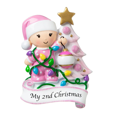 Detail view of Customized baby girl's second Christmas ornaments / color pink 