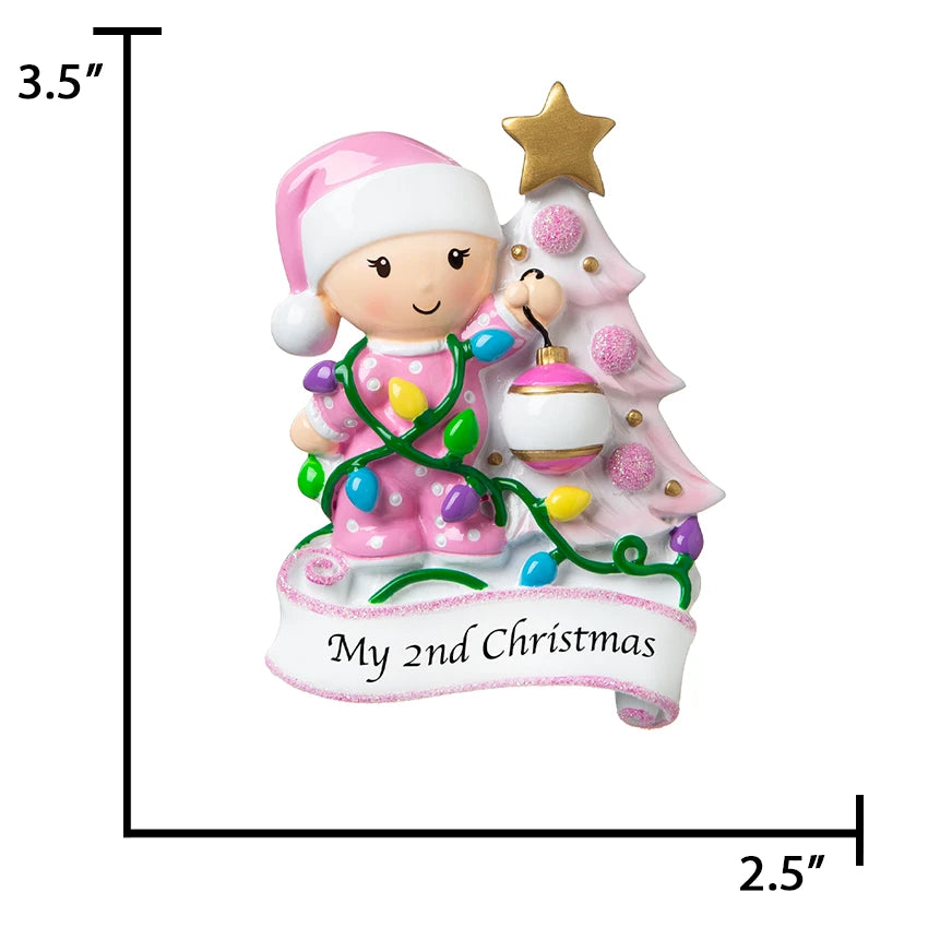 Personalized baby girl's second Christmas ornaments, size chart 3.5 in x 2.5 in