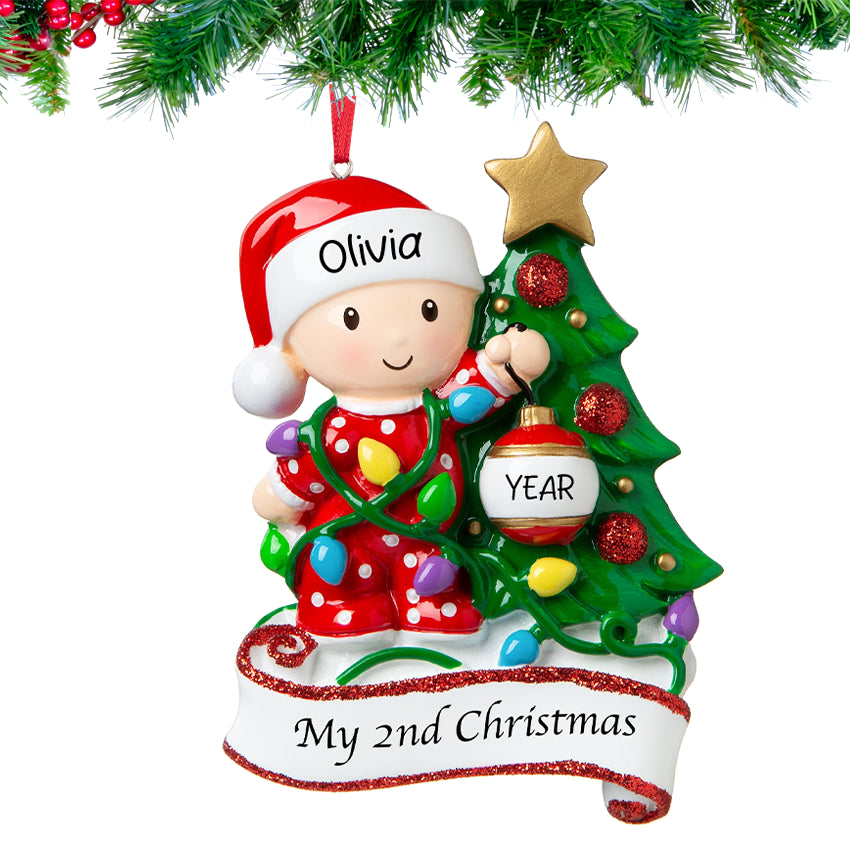 Personalized Baby's 2nd Christmas Ornament Tangled in Light Red