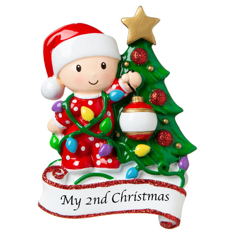 Personalized Baby's 2nd Christmas Ornament Tangled in Light Red