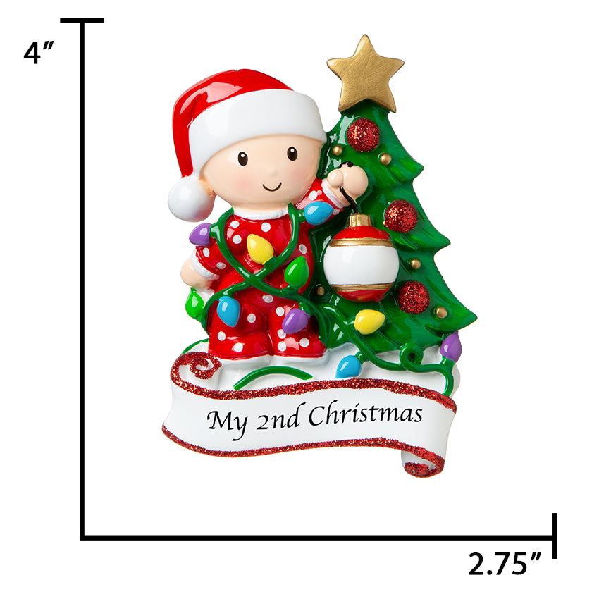 Personalized Baby's 2nd Christmas Ornament Tangled in Light Red
