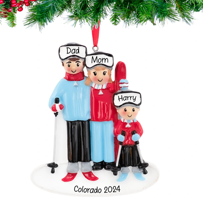 Custom Ski Family of 3 Christmas Ornament