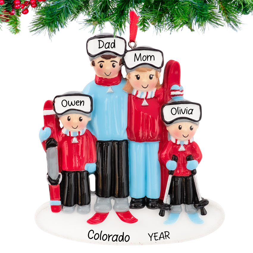 Personalized Ski Family of 4 Christmas Ornament