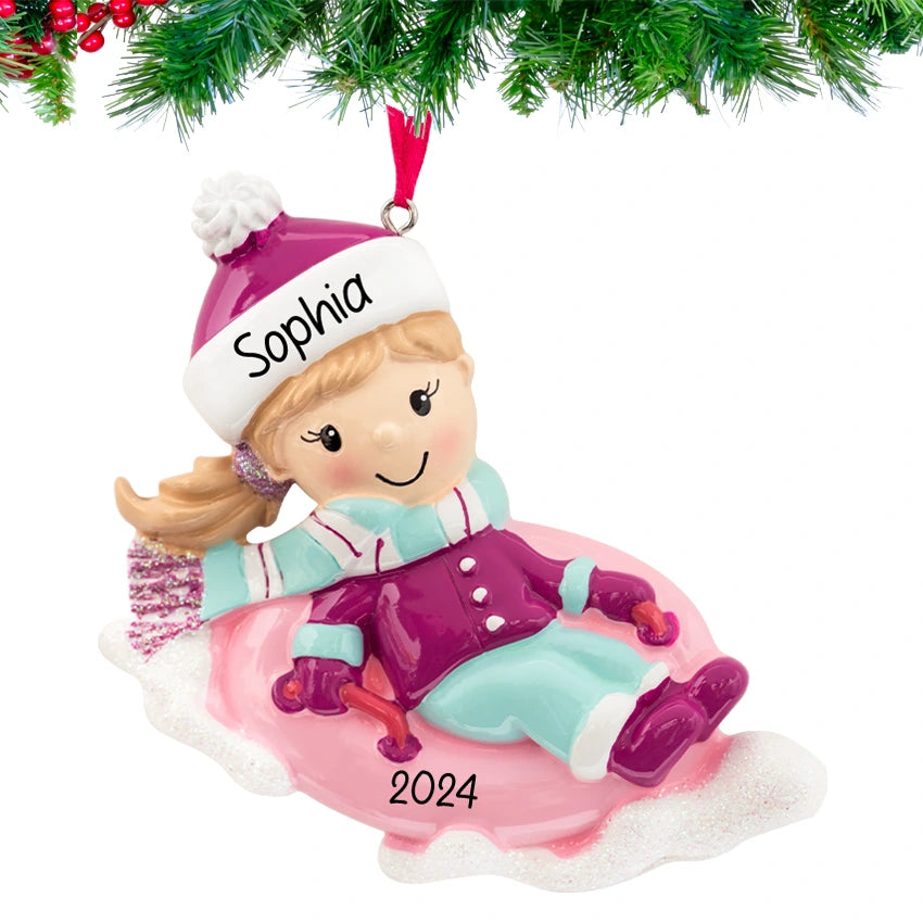 Personalized Snow Tubing Girl Christmas Ornament