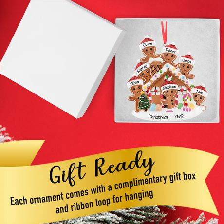 Gift-ready box displaying a personalized gingerbread house ornament for a family, hand-lettered with names and 2025.